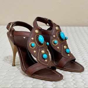 🌱 MIU MIU Turquoise Embellished Leather Heels